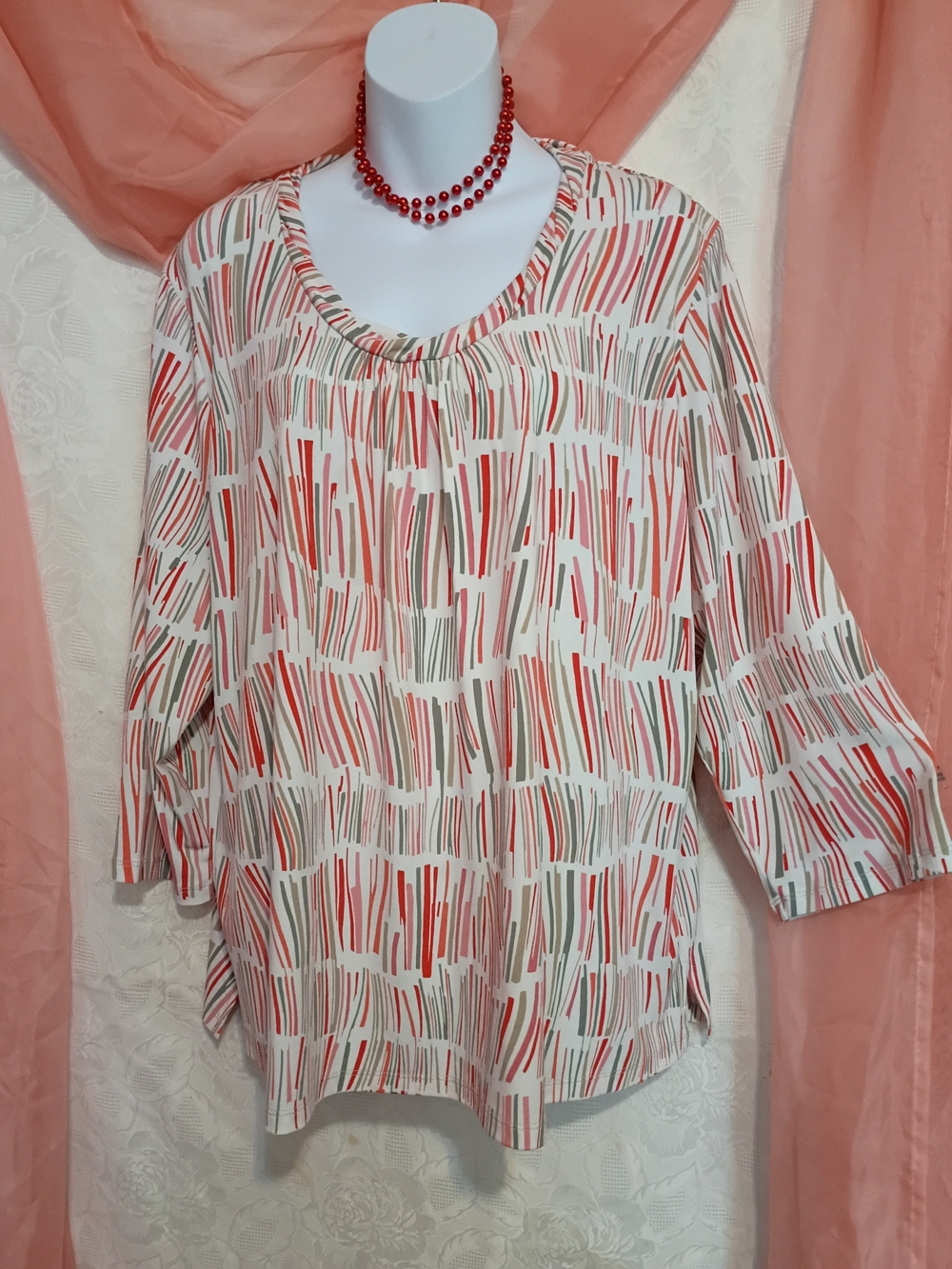 🛍️ BUNDLE ONLY🛍️TanJay Cream Blouse with Red & Olive Linear Print